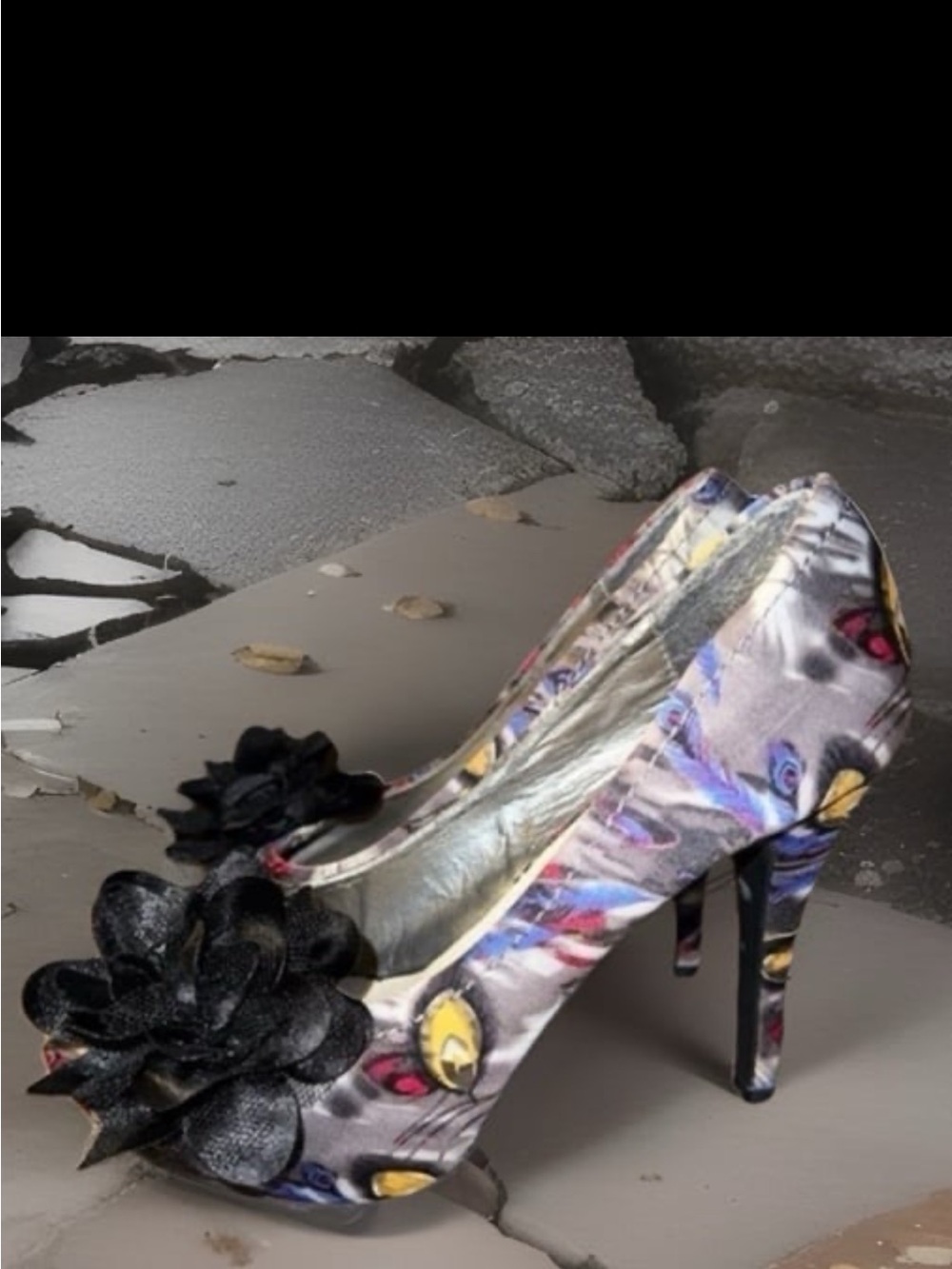 Mojo Moxy Multicolor Floral Peep-Toe Heels with Black Flower Accent